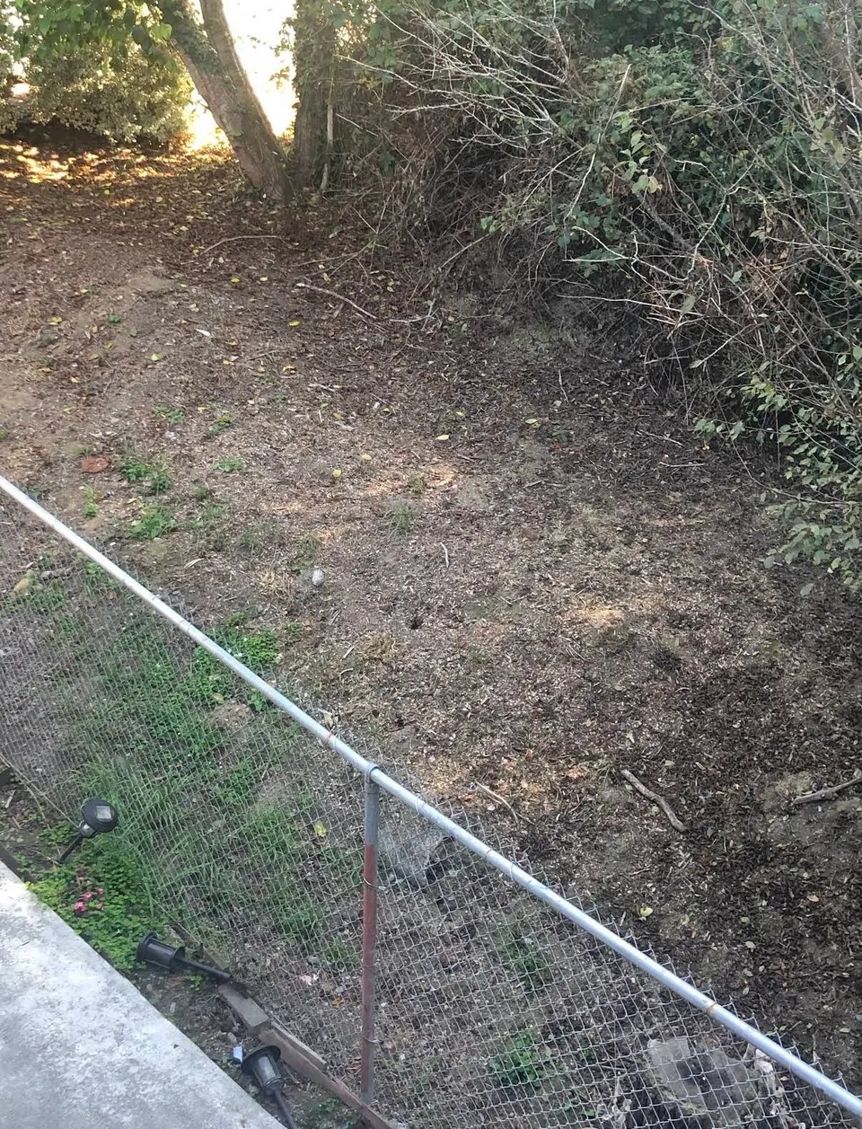 The same fence line after clearing, cut back to bare workable soil