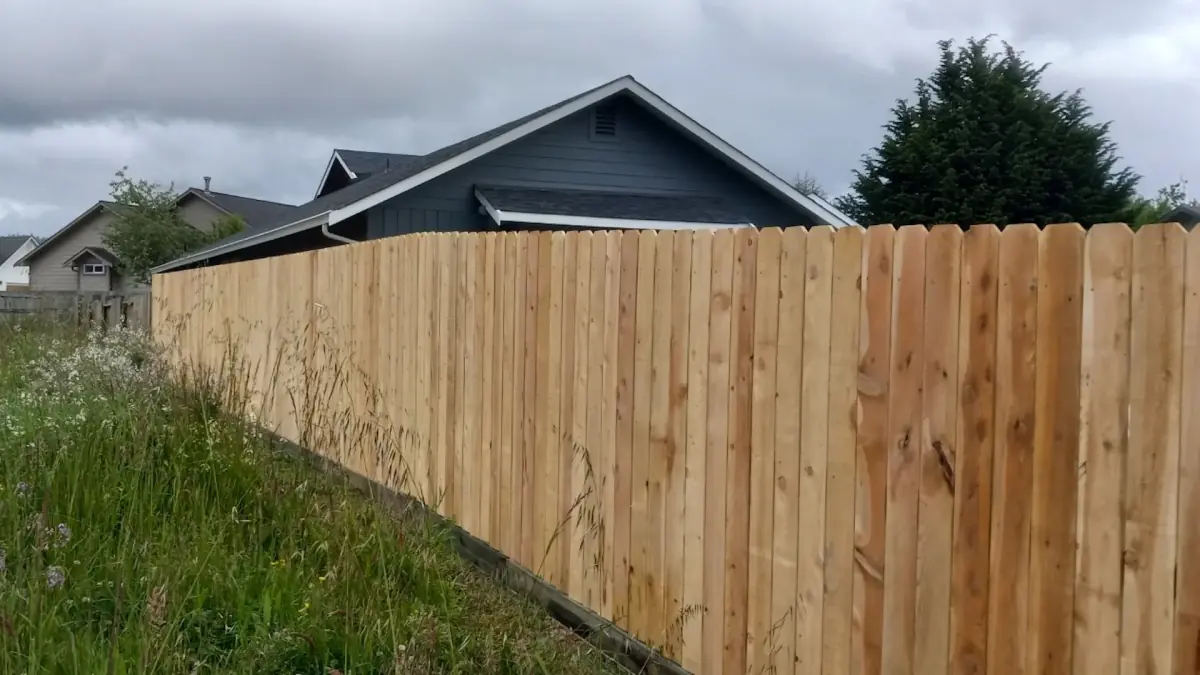 New cedar dog-ear privacy fence running the length of a backyard