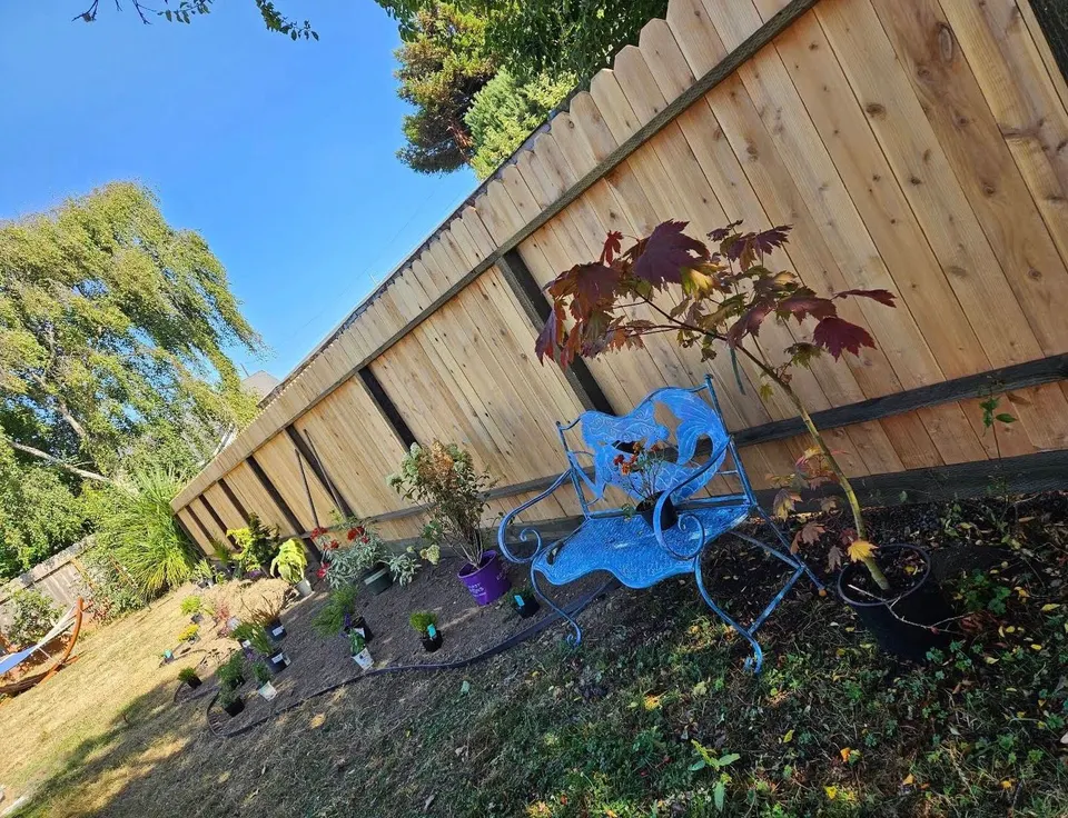 Long new privacy fence run behind a garden bench and freshly planted bed