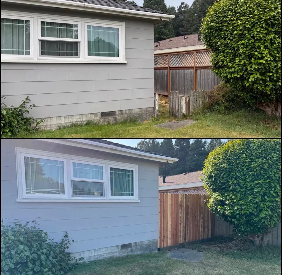 Before and after of a failing side-yard fence replaced with a new redwood privacy fence
