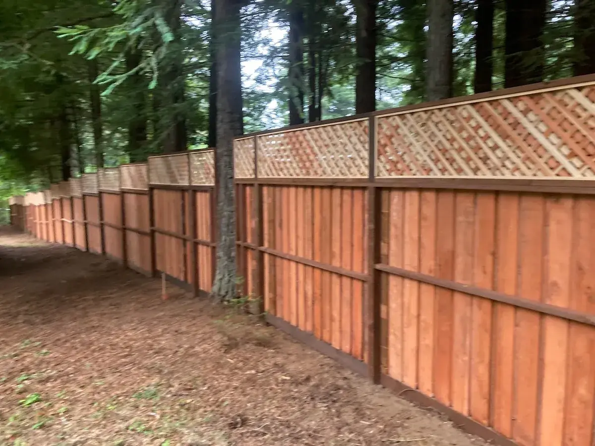 Long redwood privacy fence with lattice top running through the trees