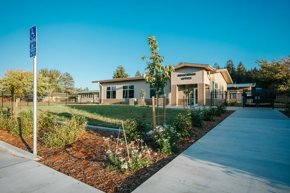 Accessible concrete path of travel through new landscape beds at a school