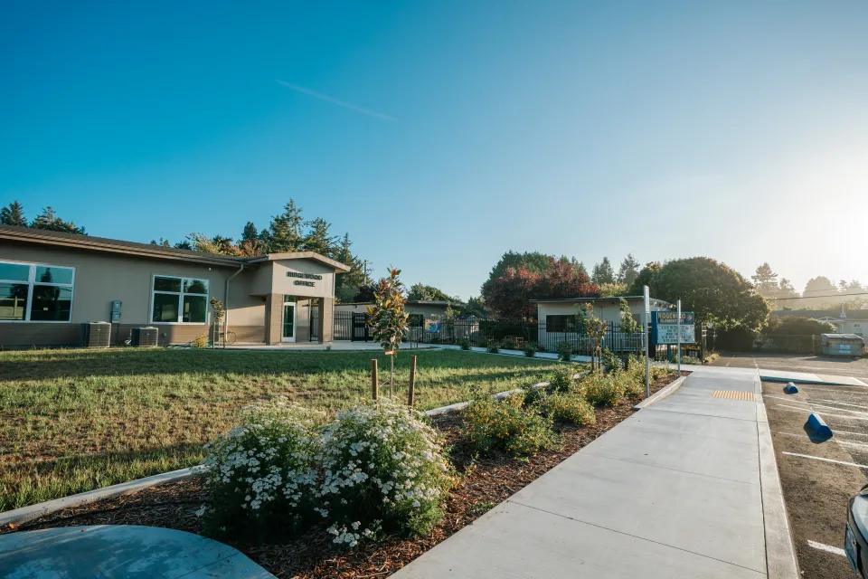 New concrete walkway bordered by fresh planting beds and lawn at a school